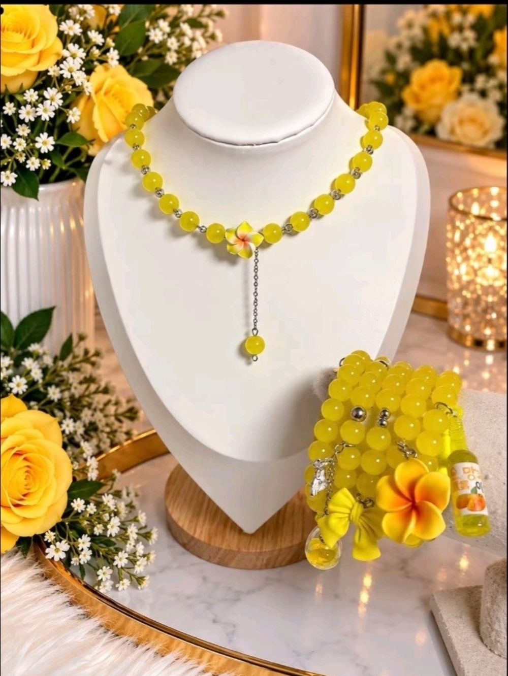 Yellow Beaded Floral Necklace and Bracelet Set - Lightweight Women’s Jewelry